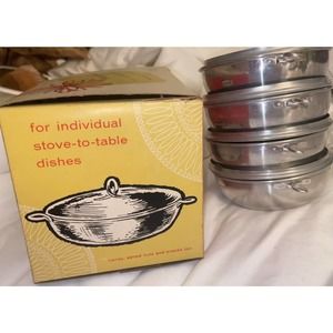 Vintage ALUMODE Aluminum 4 Individual Casseroles with lids, original box